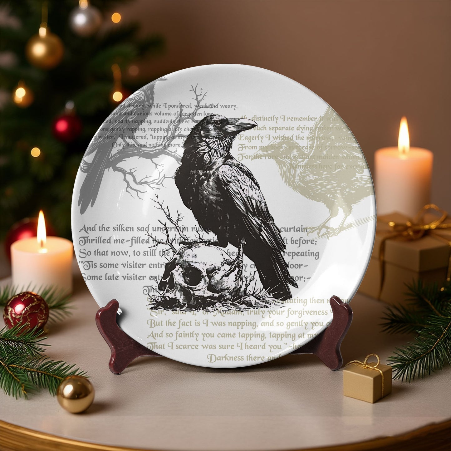 “Nevermore” Raven & Skull Decorative Ceramic Plate – Inspired by Edgar Allan Poe