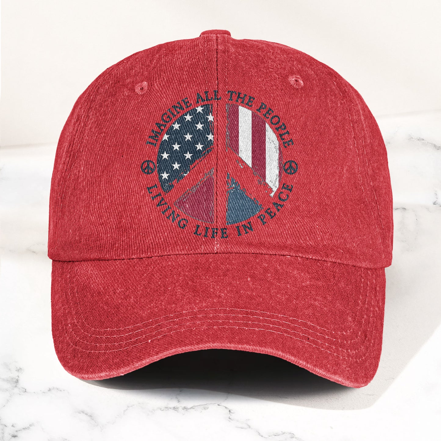 John Lennon Imagine All The People Living Life In Peace Sign American Flag Denim Cap – Retro Vintage Dad Cap Gift For Dad (With Box)