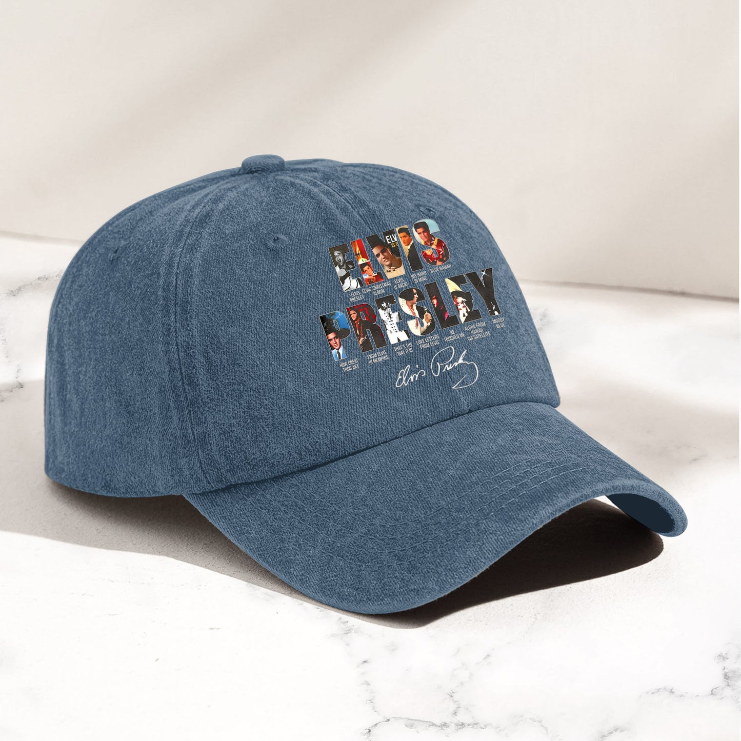 Elvis Presley Denim Dad Cap – Iconic Album Collage Design ( With BOX)