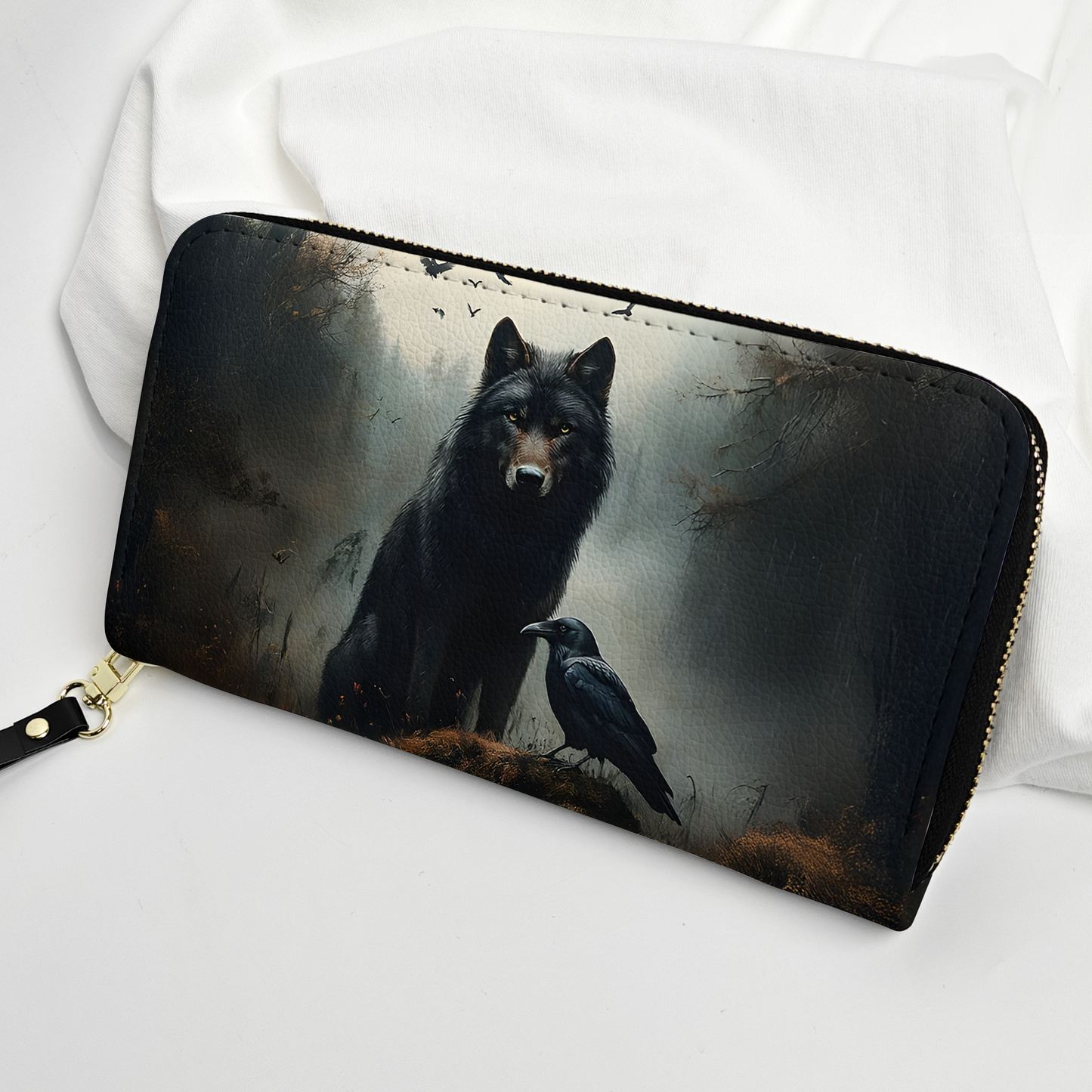 Mystic Wolf and Raven Leather Handbag with Gothic Forest Design