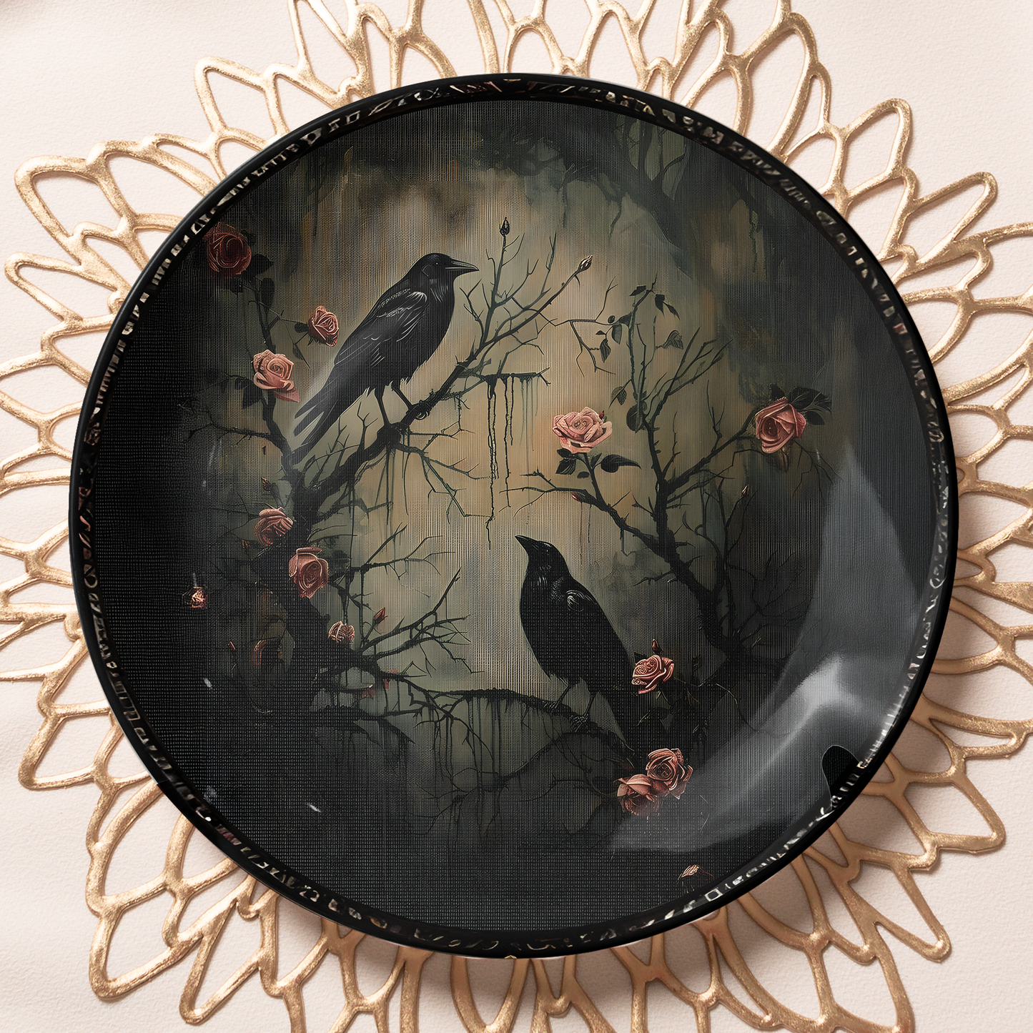 Raven & Roses Gothic Decorative Ceramic Plate – Dark Romantic Elegance