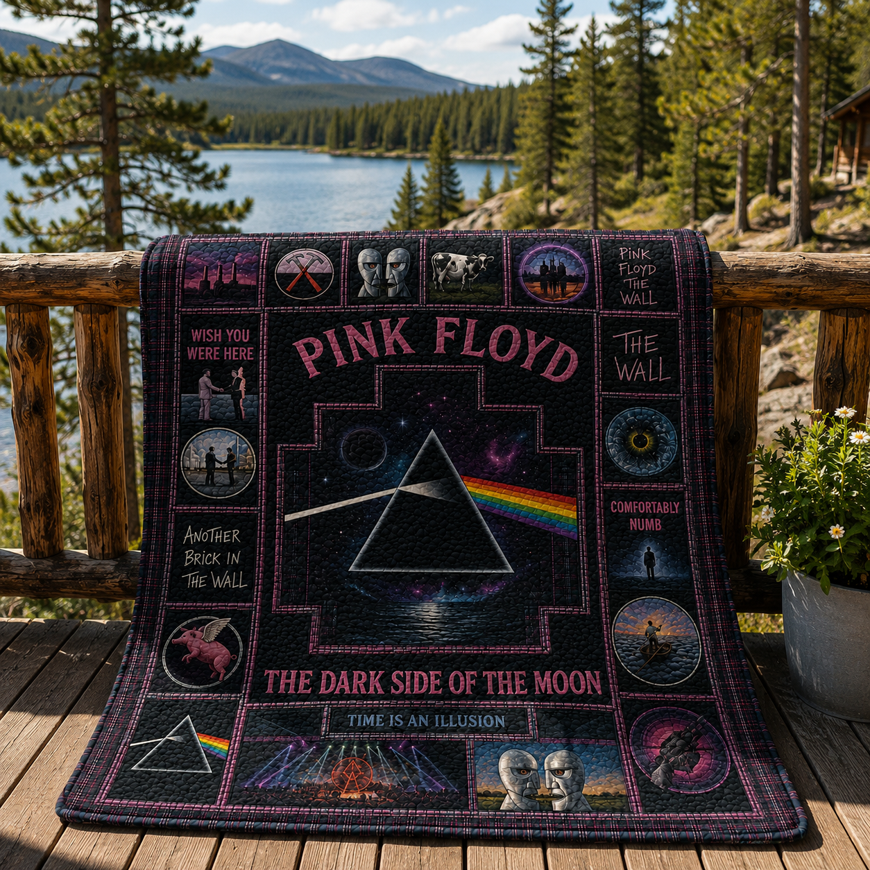 Pink Floyd Quilt Blanket – Dark Side of the Moon Sherpa Throw, Vintage Patchwork Rock Blanket, Classic Music Fan Gift