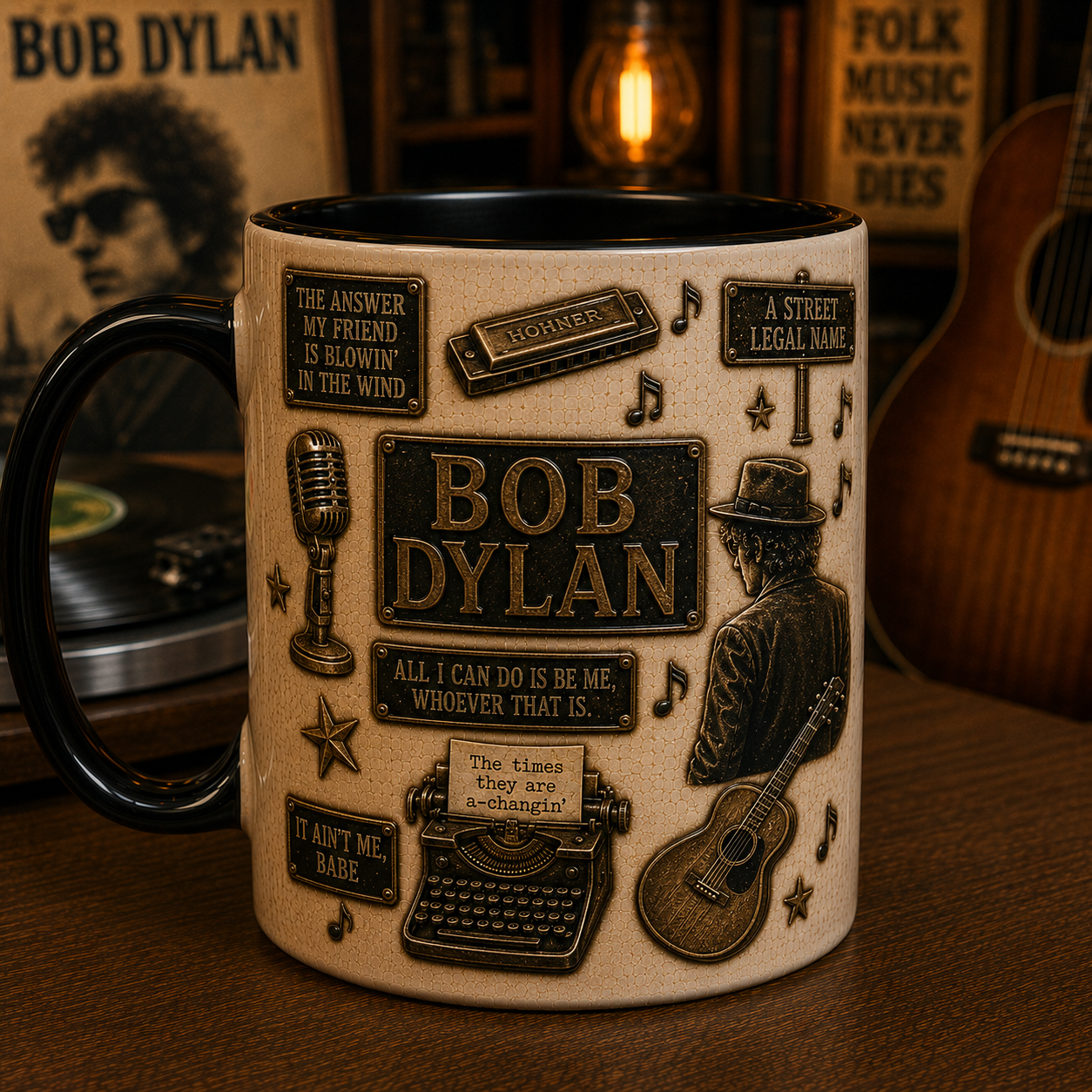 Bob Dylan Mug – Blowin’ in the Wind & The Times They Are A-Changin’ Coffee Cup, Folk Music Gift