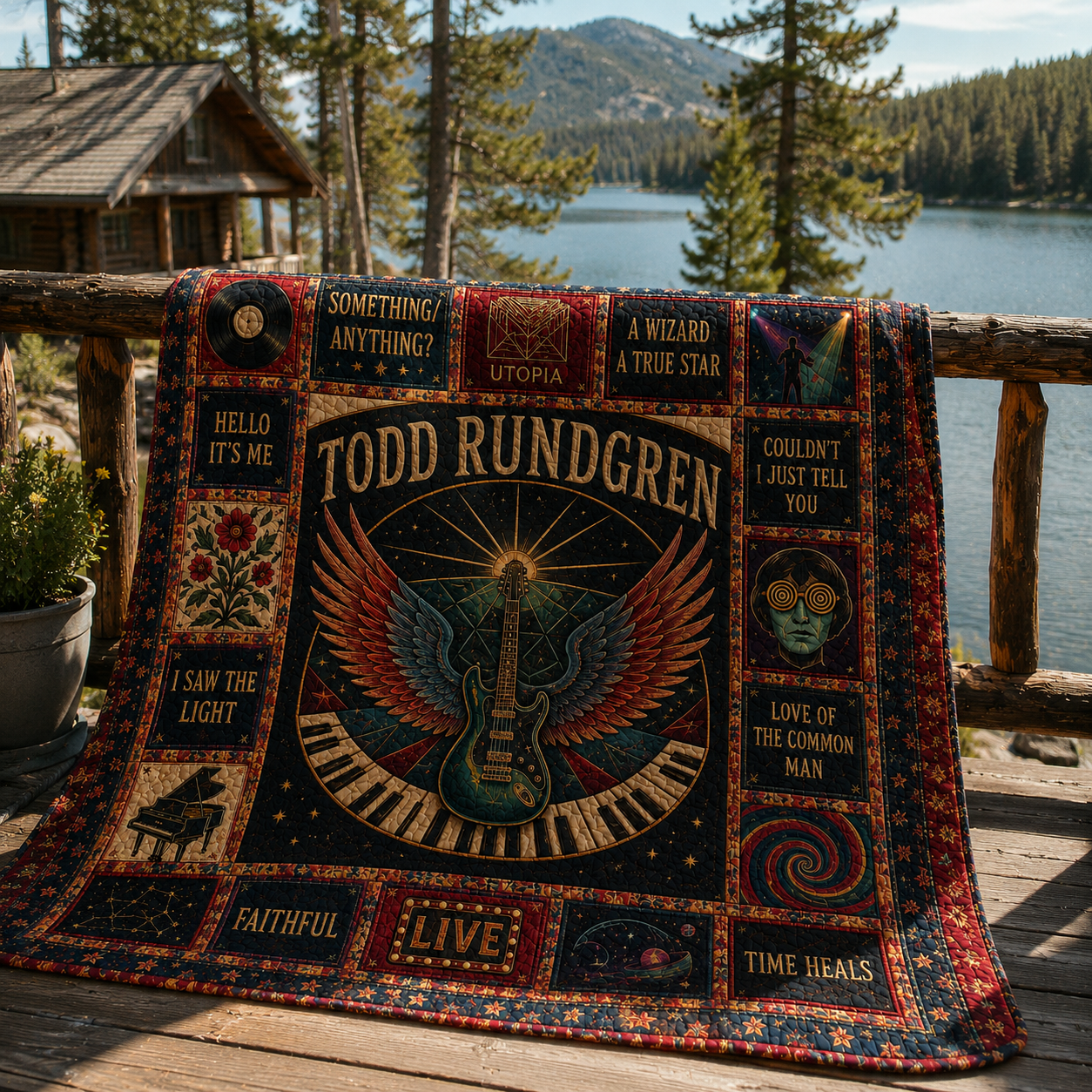 Todd Rundgren Quilt Blanket – Vintage Sherpa Throw, Progressive Rock Patchwork Blanket, Music Lover Gift, Cozy Bed Quilt