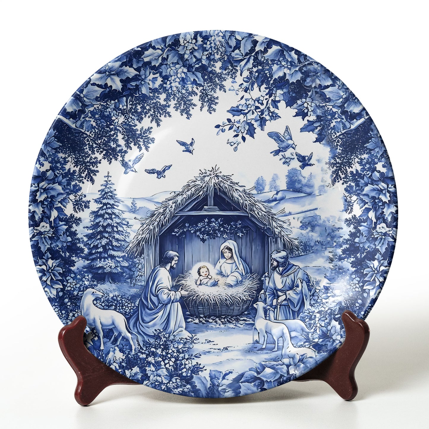 Christmas Nativity Collectible Ceramic Plate – Blue Winter Design