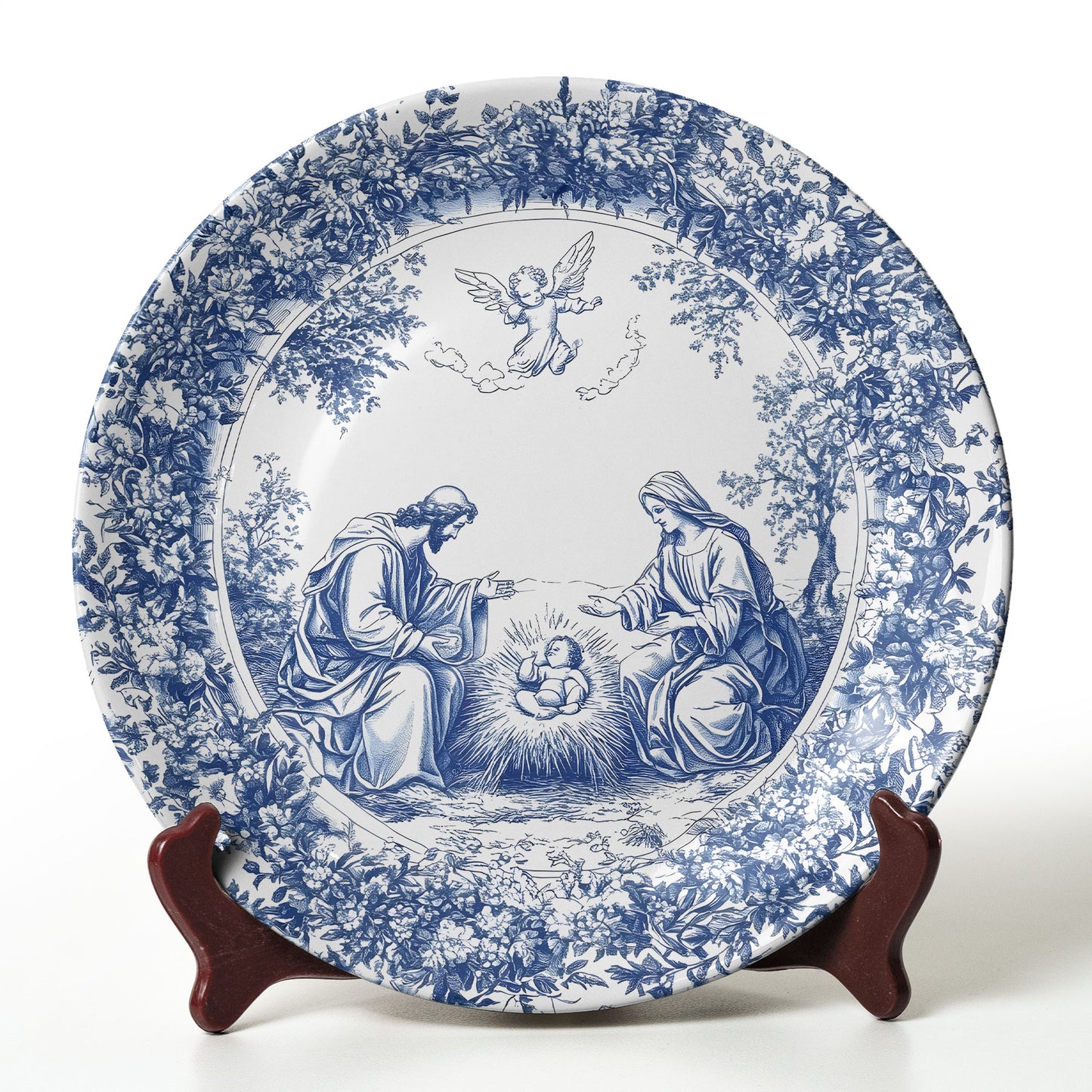 Nativity Scene Decorative Ceramic Plate – Blue & White Christmas Collectible
