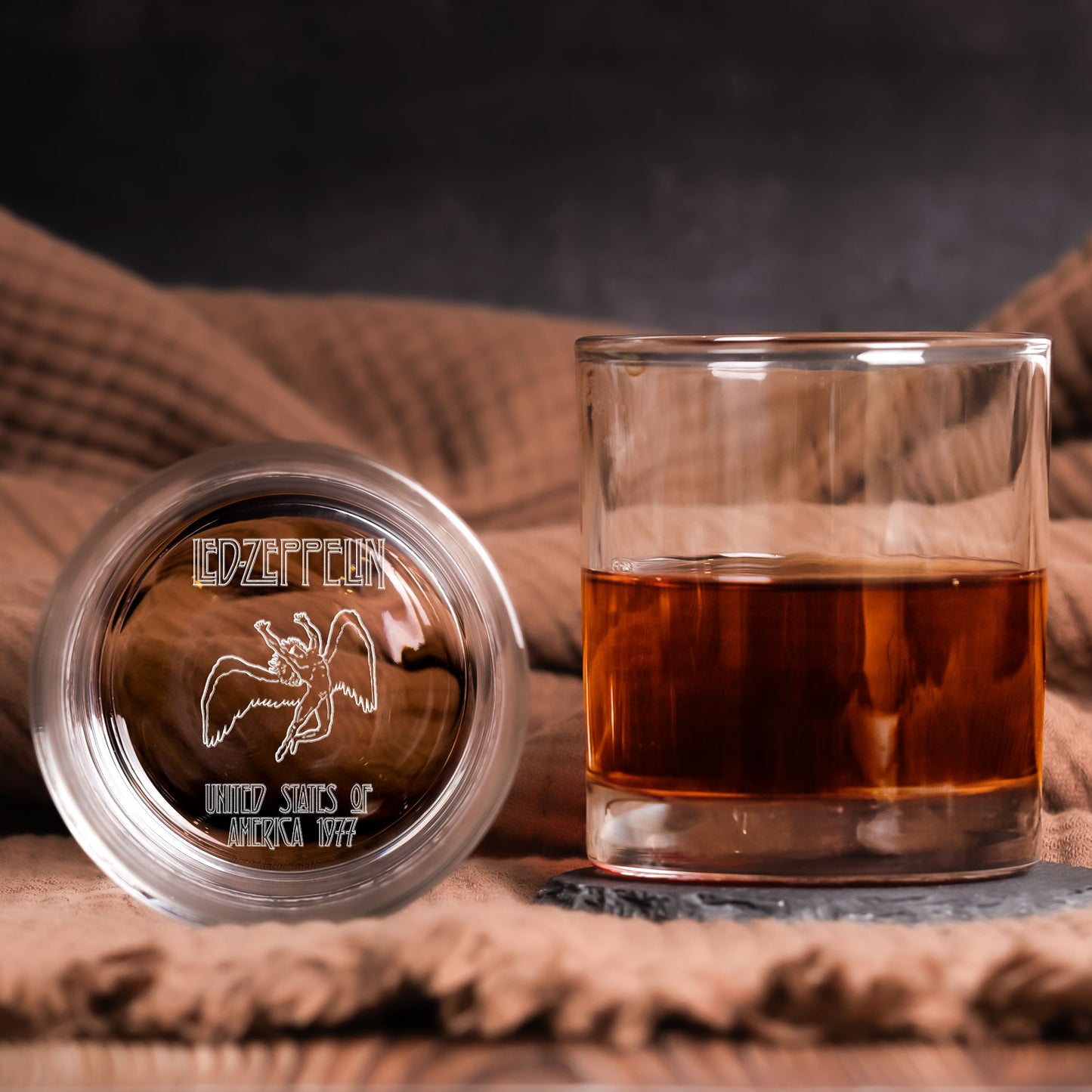 Led Zeppelin Engraved Whiskey Glass – Icarus 1977 USA Tour Design ( With Gift Box )