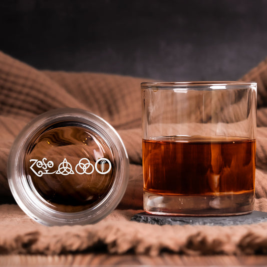 Led Zeppelin Zoso Symbols Engraved Whiskey Glass – Iconic Band Sigils Design  ( With Gift Box )
