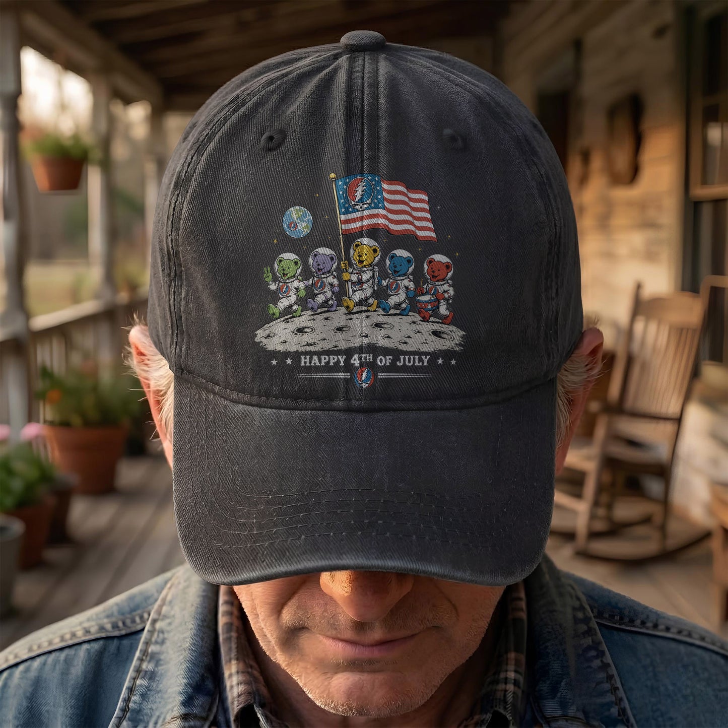 Grateful Dead Happy 4th Of July Dancing Bears Astronaut Patriotic Denim Cap – Retro Vintage Dad Cap Gift For Dad (With Box)