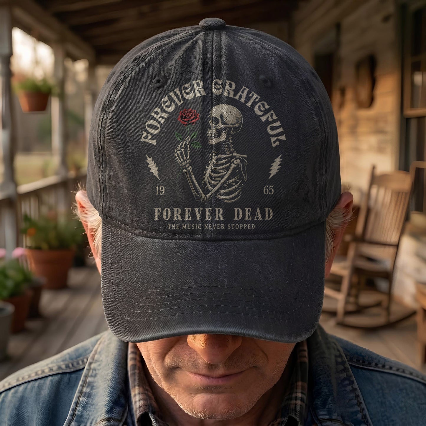 Grateful Dead 60th Anniversary Skeleton Rose Forever Dead Denim Cap – Retro Vintage Dad Cap Gift For Dad (With Box)
