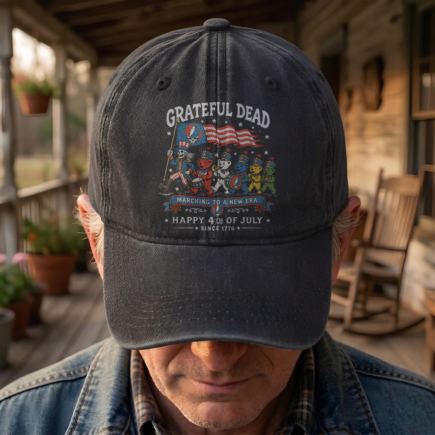 Grateful Dead Marching To A New Era Happy 4th Of July Patriotic Denim Cap – Retro Vintage Dad Cap Gift For Dad (With Box)