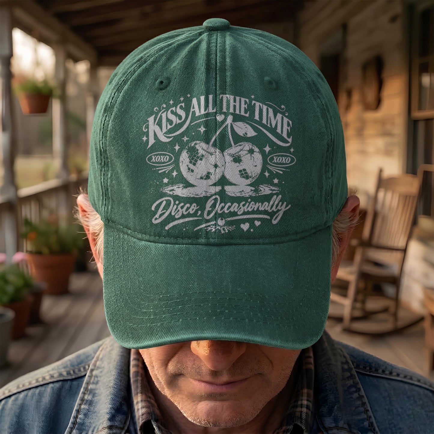 Harry Styles Illustration Merch Kiss All The Time Cherries Disco Ball Denim Cap – Retro Vintage Dad Cap Gift For Dad (With Box)