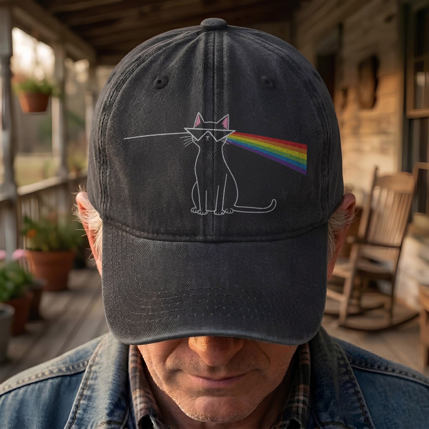 Pink Floyd Inspired Rainbow Prism Cat Pride Vintage Denim Cap – Retro Dad Cap (With Box)