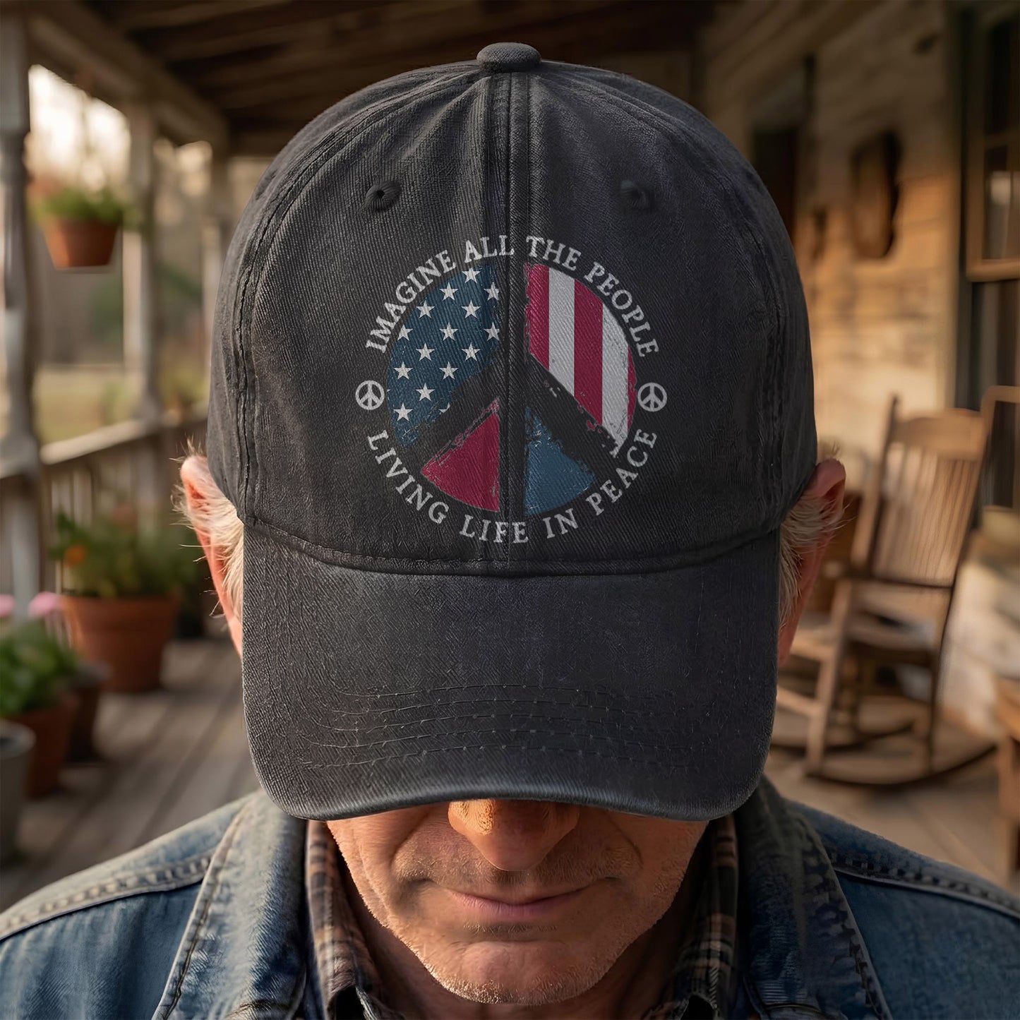 John Lennon Imagine All The People Living Life In Peace Sign American Flag Denim Cap – Retro Vintage Dad Cap Gift For Dad (With Box)