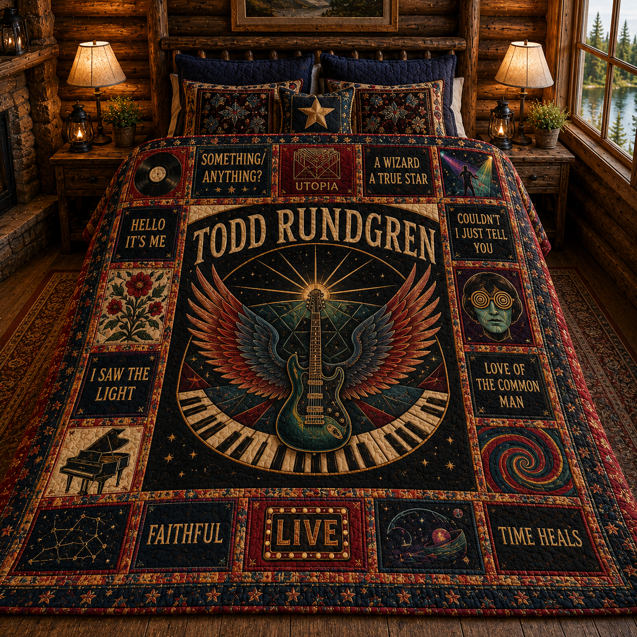 Todd Rundgren Quilt Blanket – Vintage Sherpa Throw, Progressive Rock Patchwork Blanket, Music Lover Gift, Cozy Bed Quilt