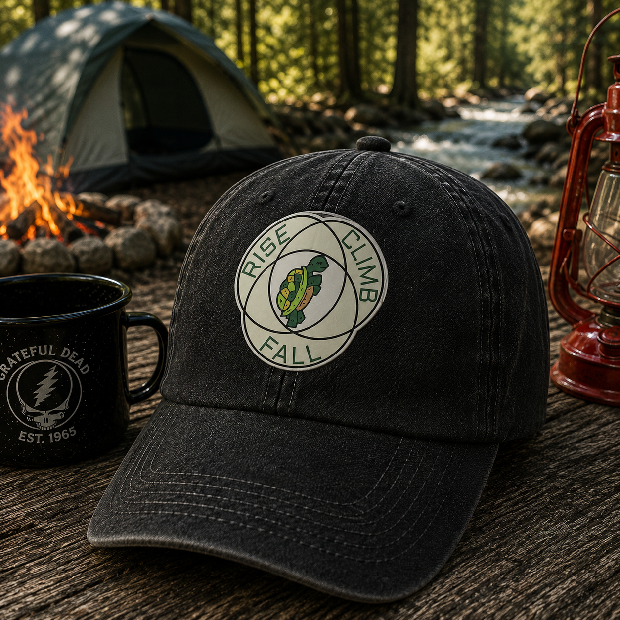 Grateful Dead Rise Climb Fall Vintage Denim Cap – Turtle Camping Deadhead Dad Hat Gift