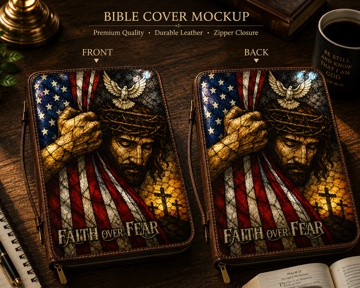 Faith Over Fear Christian Bible Cover Bag – Stained Glass Jesus American Flag Scripture Carrying Case
