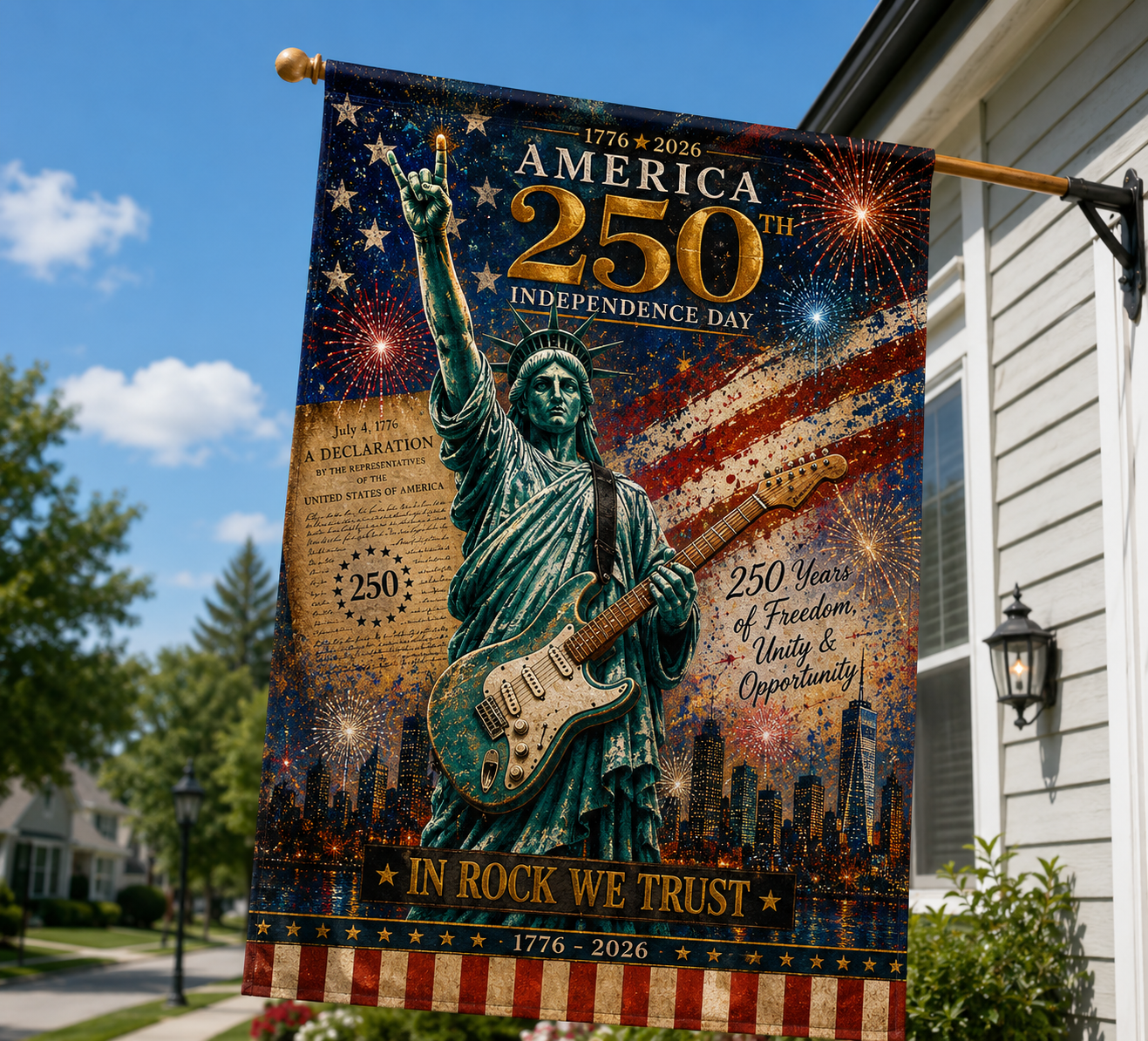 America 250th Independence House Flag – In Rock We Trust Patriotic Guitar 2 1776–2026