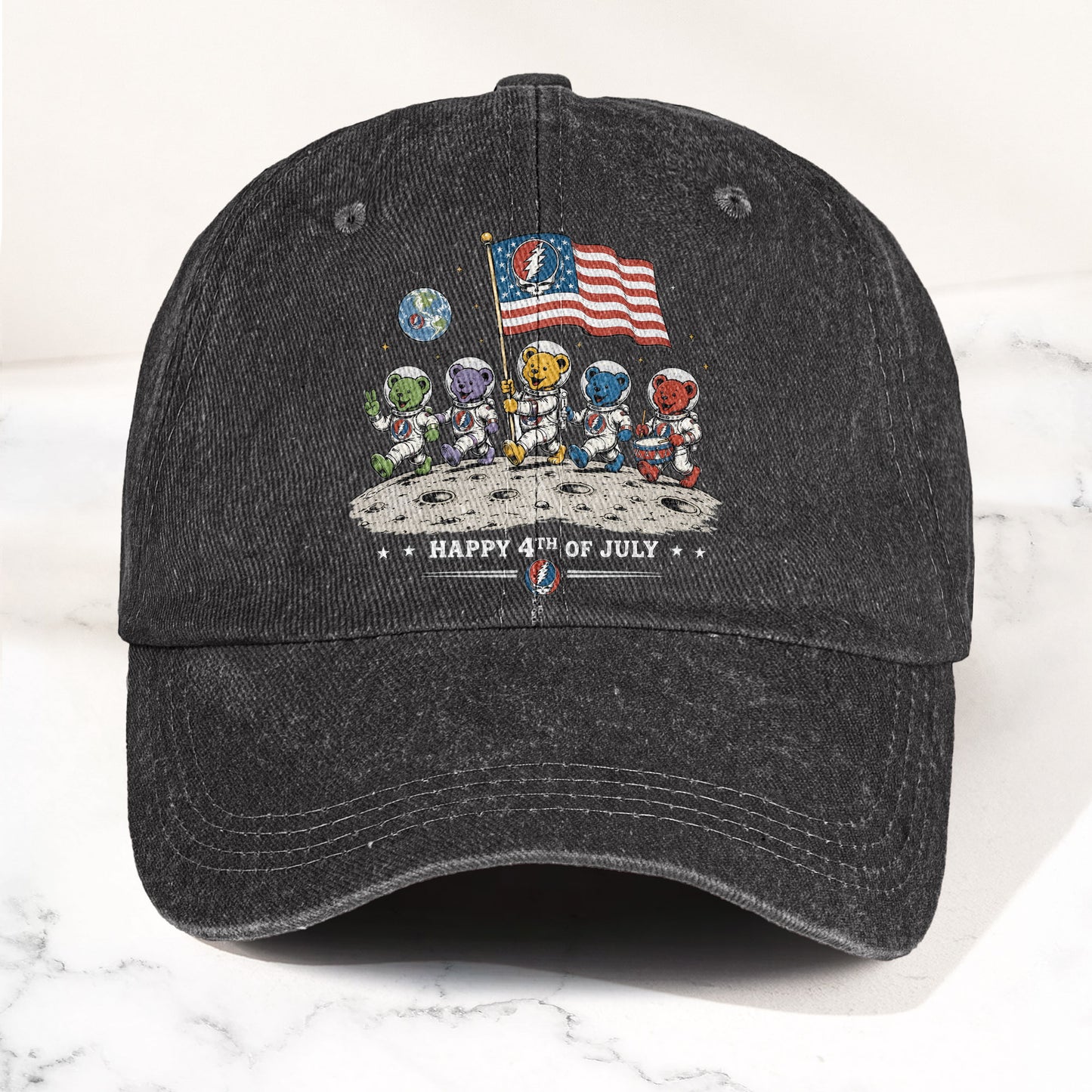 Grateful Dead Happy 4th Of July Dancing Bears Astronaut Patriotic Denim Cap – Retro Vintage Dad Cap Gift For Dad (With Box)