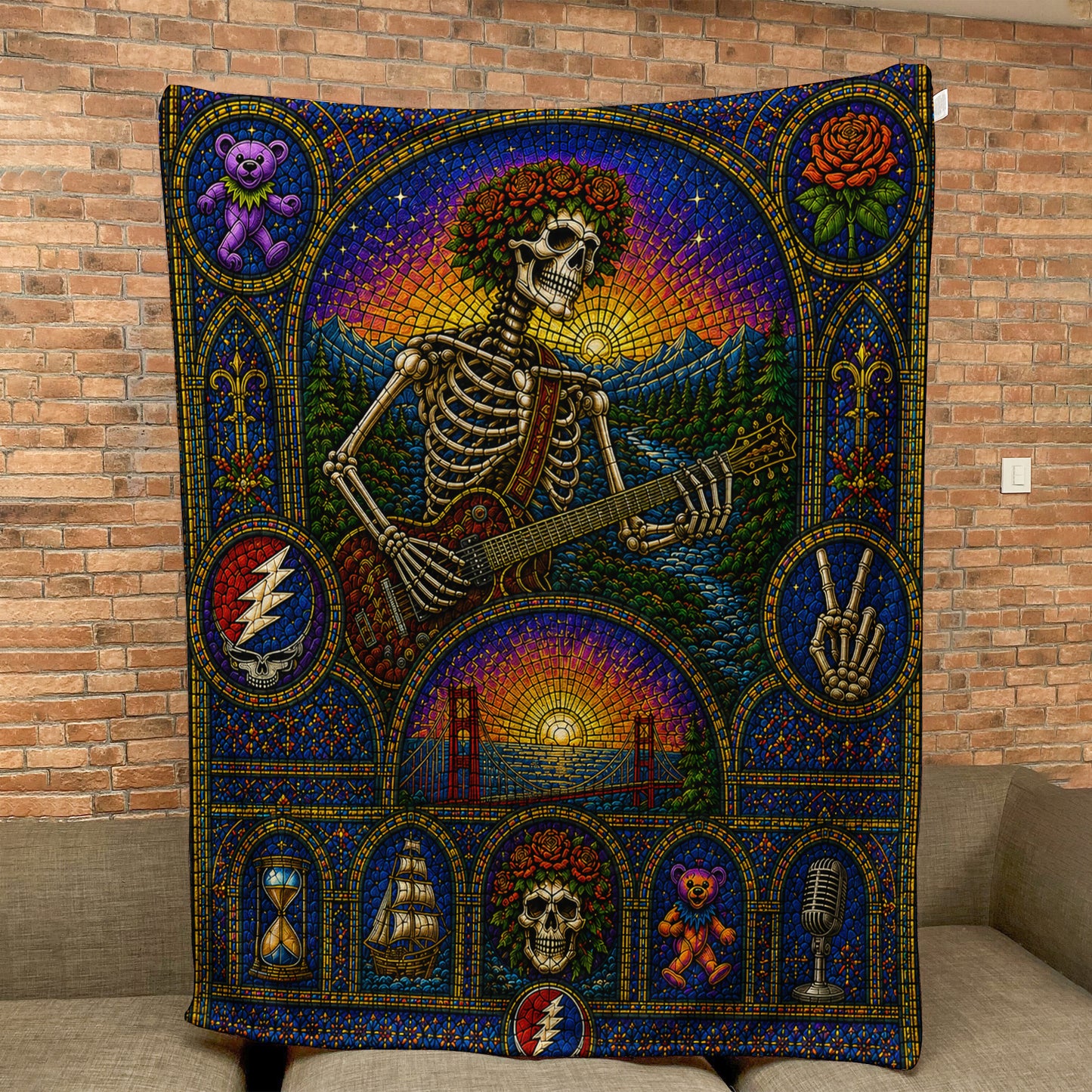Grateful Dead Sherpa Blanket – Bertha Skeleton Guitarist Gothic Stained Glass Blanket