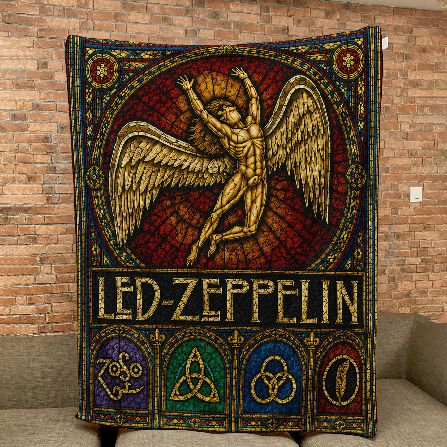 Led Zeppelin Sherpa Blanket – Icarus Swan Song Stained Glass Rock Icon Throw Blanket