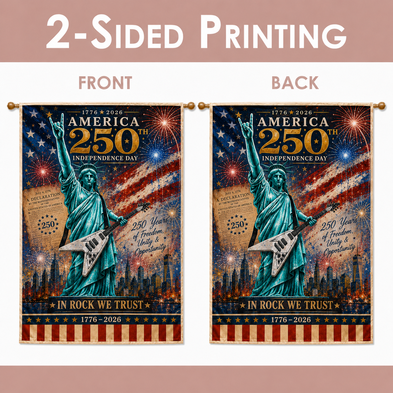 America 250th Independence House Flag – In Rock We Trust Patriotic Guitar 1776–2026