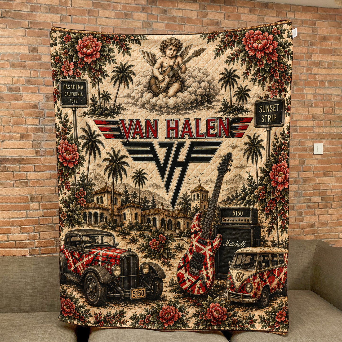 Van Halen Sherpa Blanket – Frankenstrat Guitar Vintage Collage Hard Rock Blanket