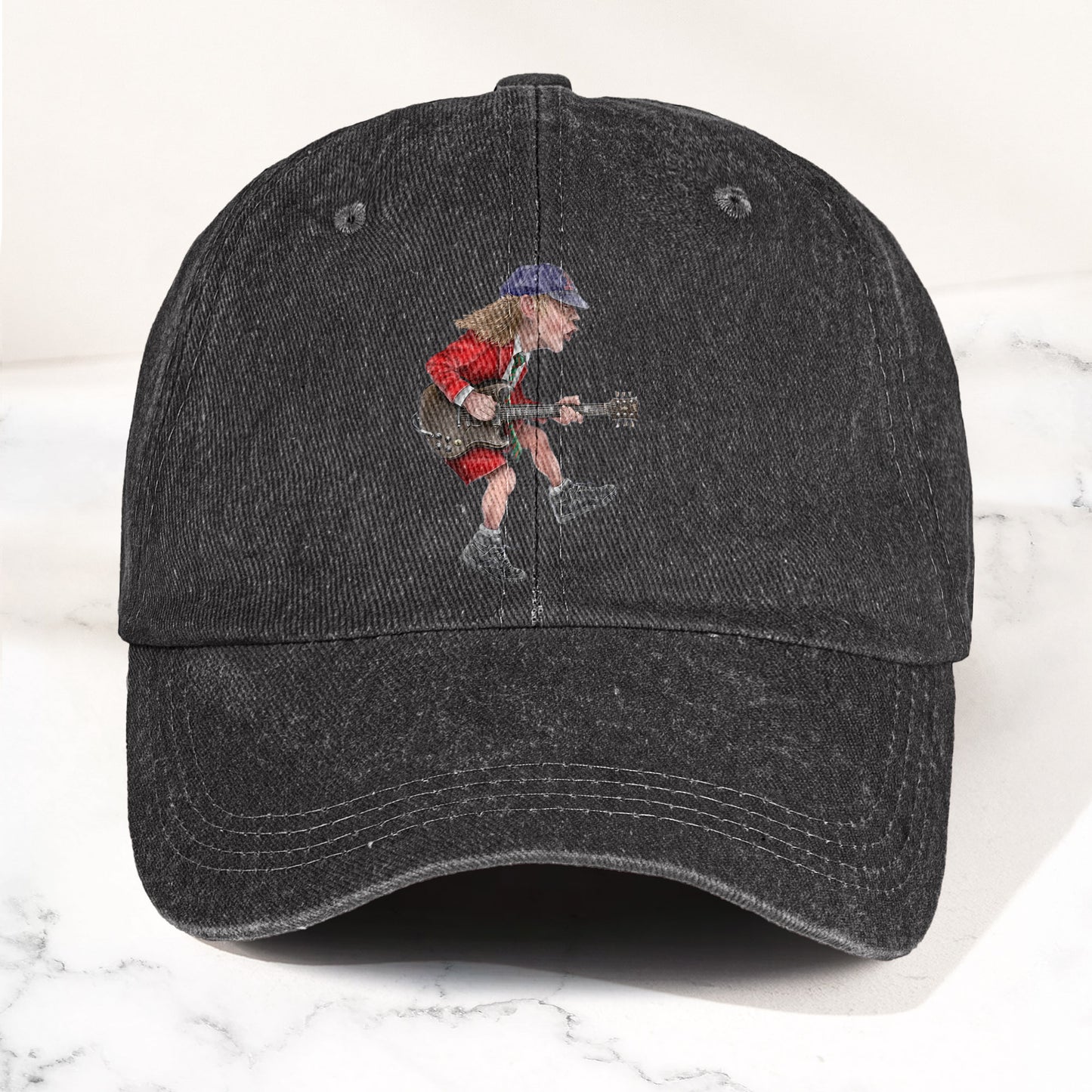 Angus Young In His Guitar Denim Dad Cap – Retro AC/DC Design (With BOX)