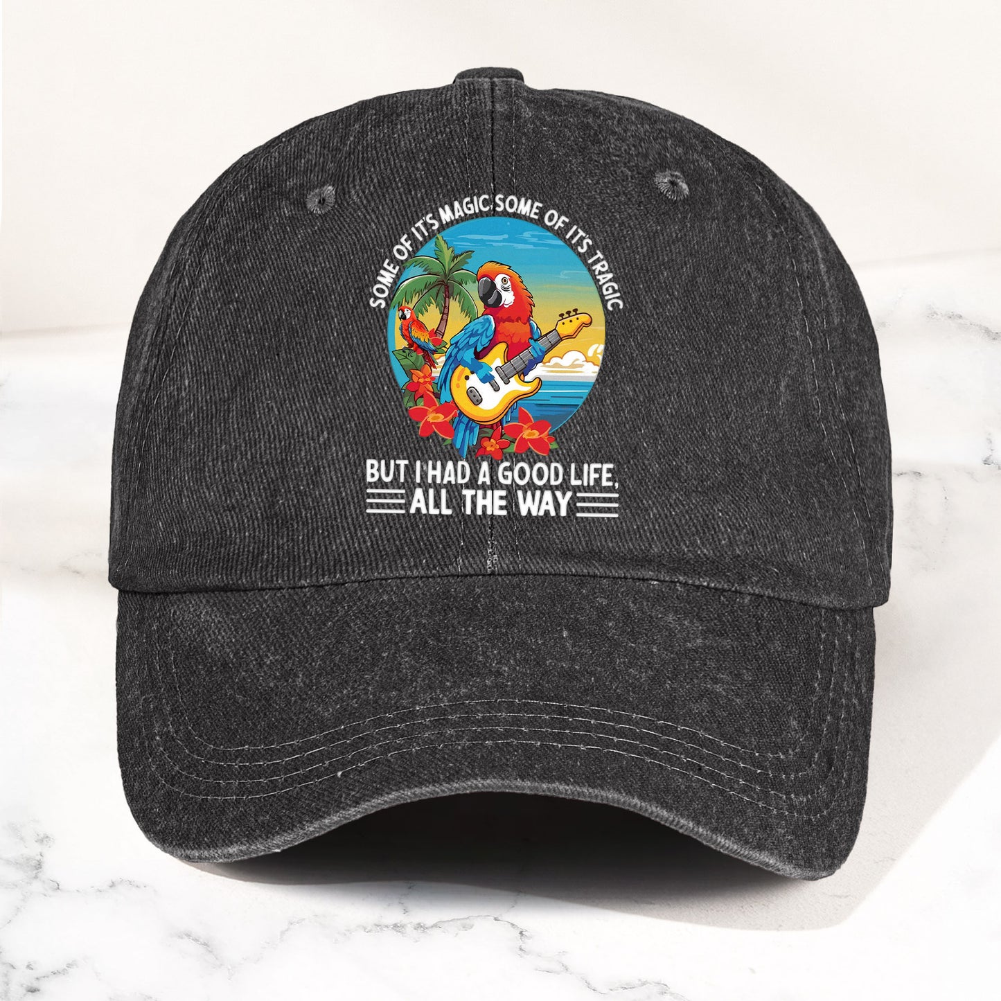 Tropical Parrot Denim Dad Cap – “I Had a Good Life All the Way” Island Music Vibes Hat (With BOX)