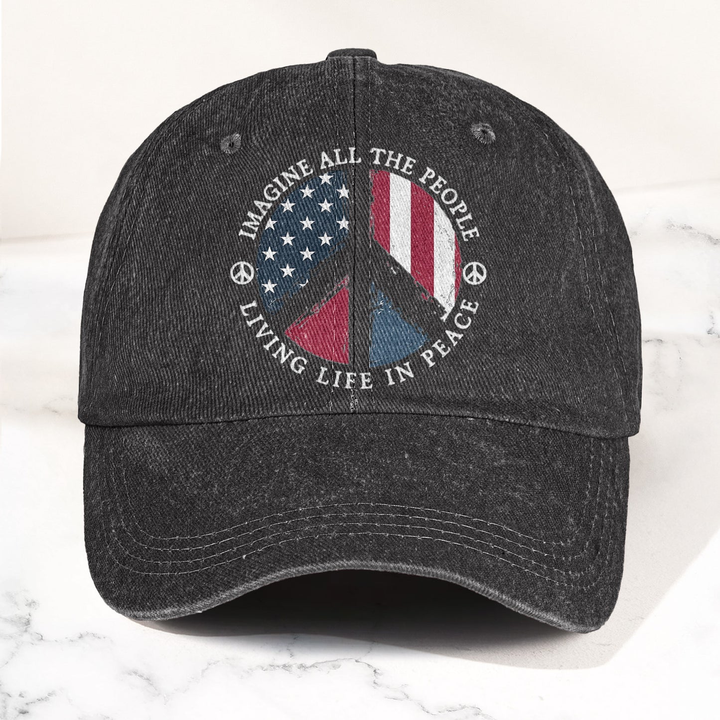 John Lennon Imagine All The People Living Life In Peace Sign American Flag Denim Cap – Retro Vintage Dad Cap Gift For Dad (With Box)