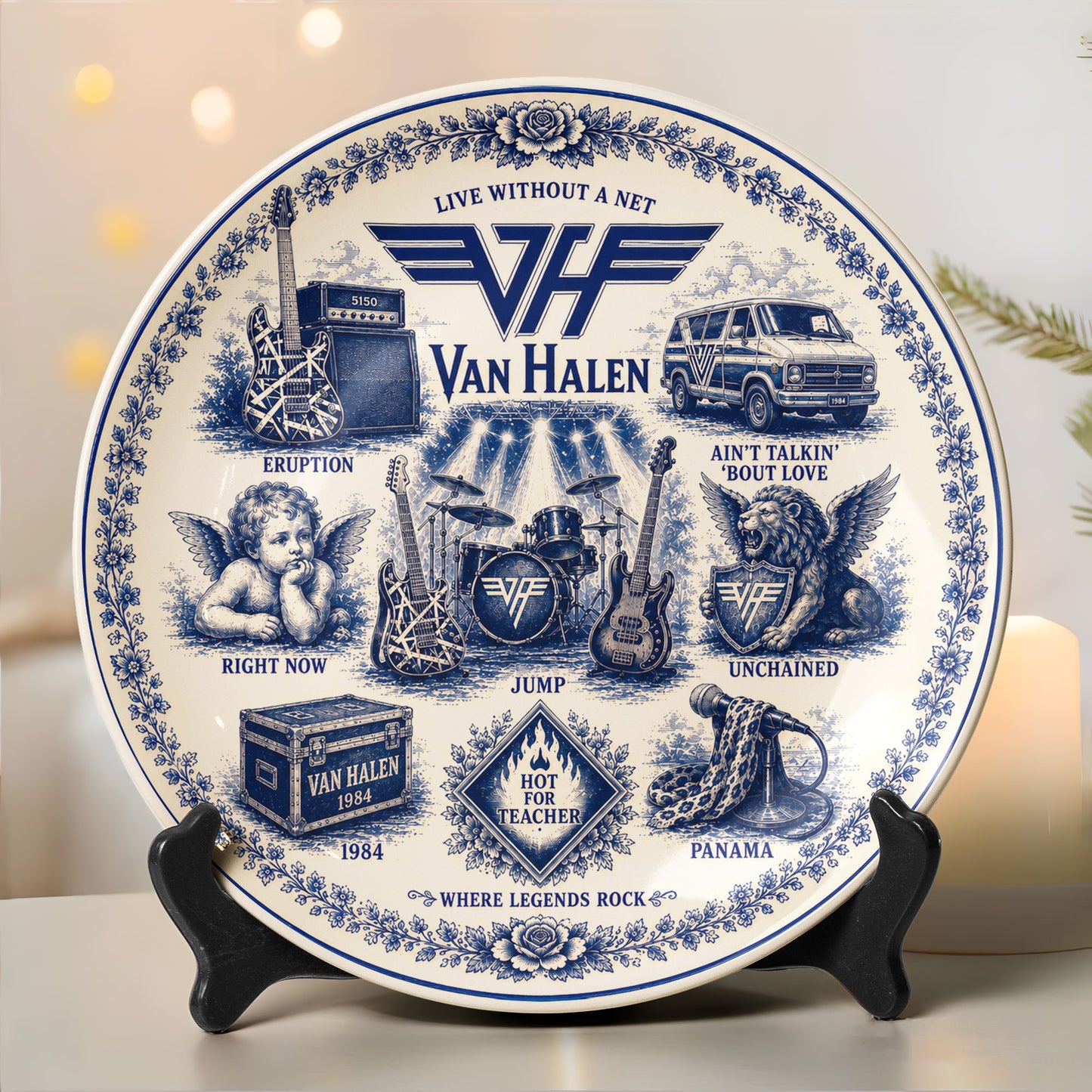 Van Halen Ceramic Plate with Display Stand – Classic Rock Music Memorabilia Gift