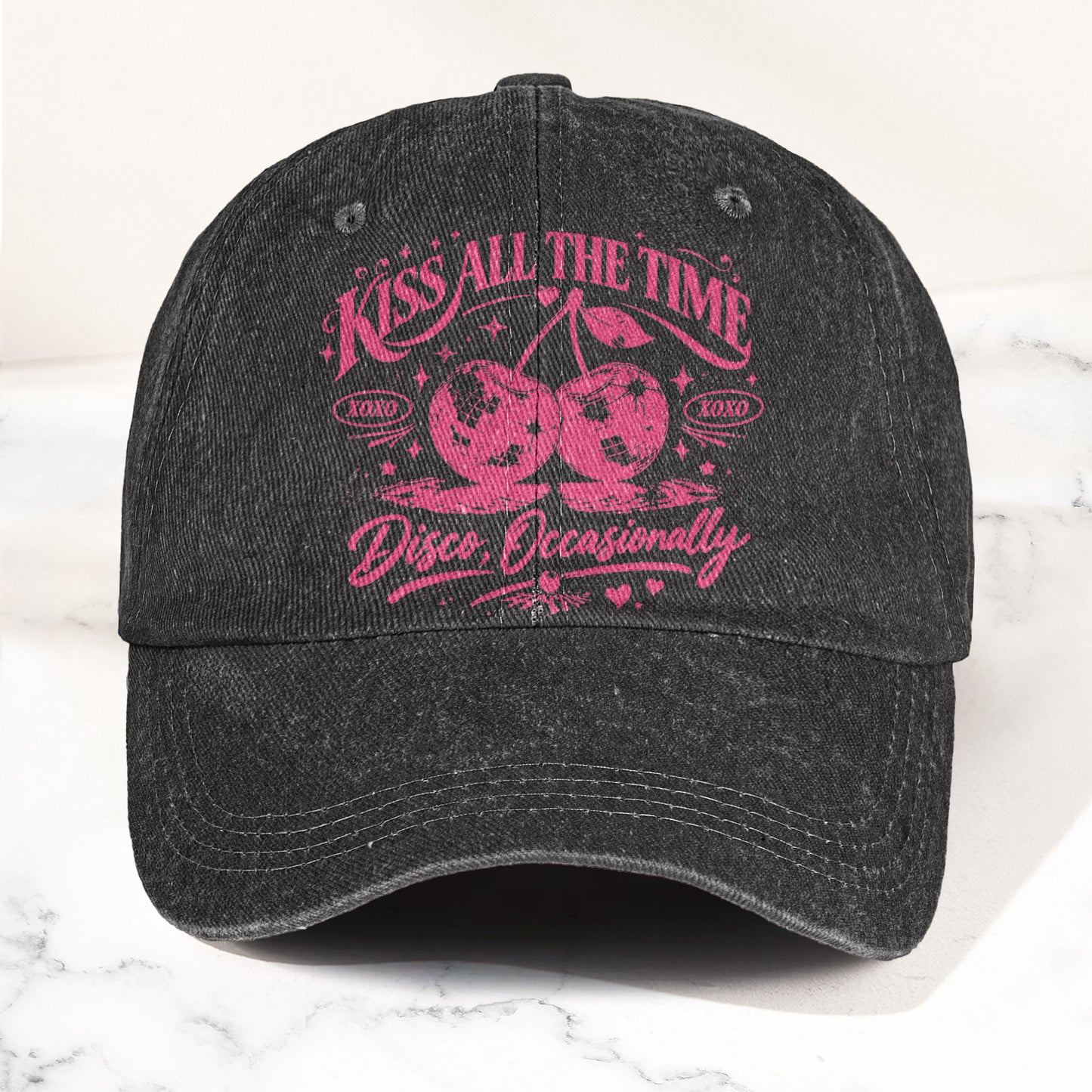 Harry Styles Illustration Merch Kiss All The Time Cherries Disco Ball Denim Cap – Retro Vintage Dad Cap Gift For Dad (With Box)