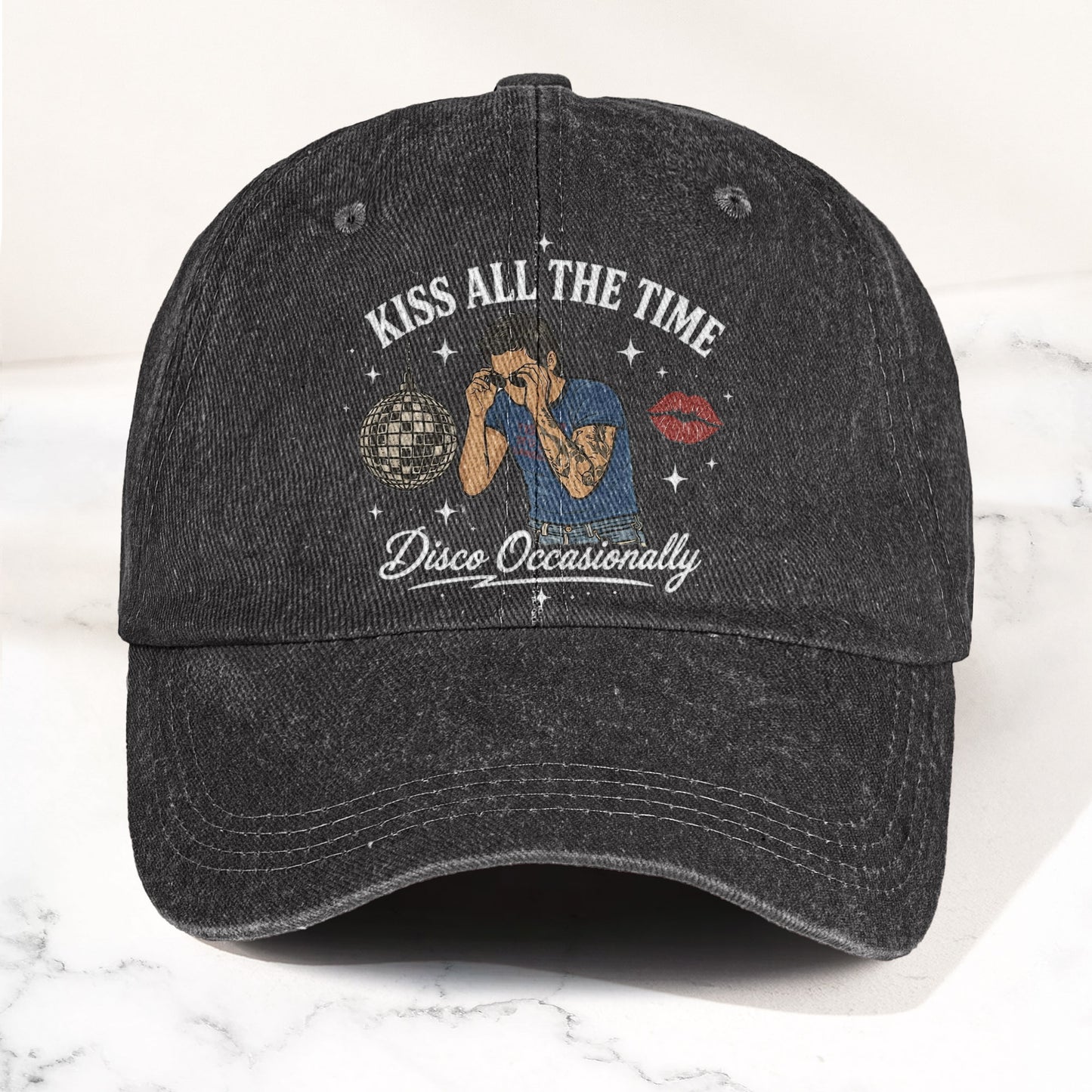Kiss All The Time Disco Harry Styles Illustration Denim Cap – Retro Vintage Dad Cap Gift For Dad (With Box)