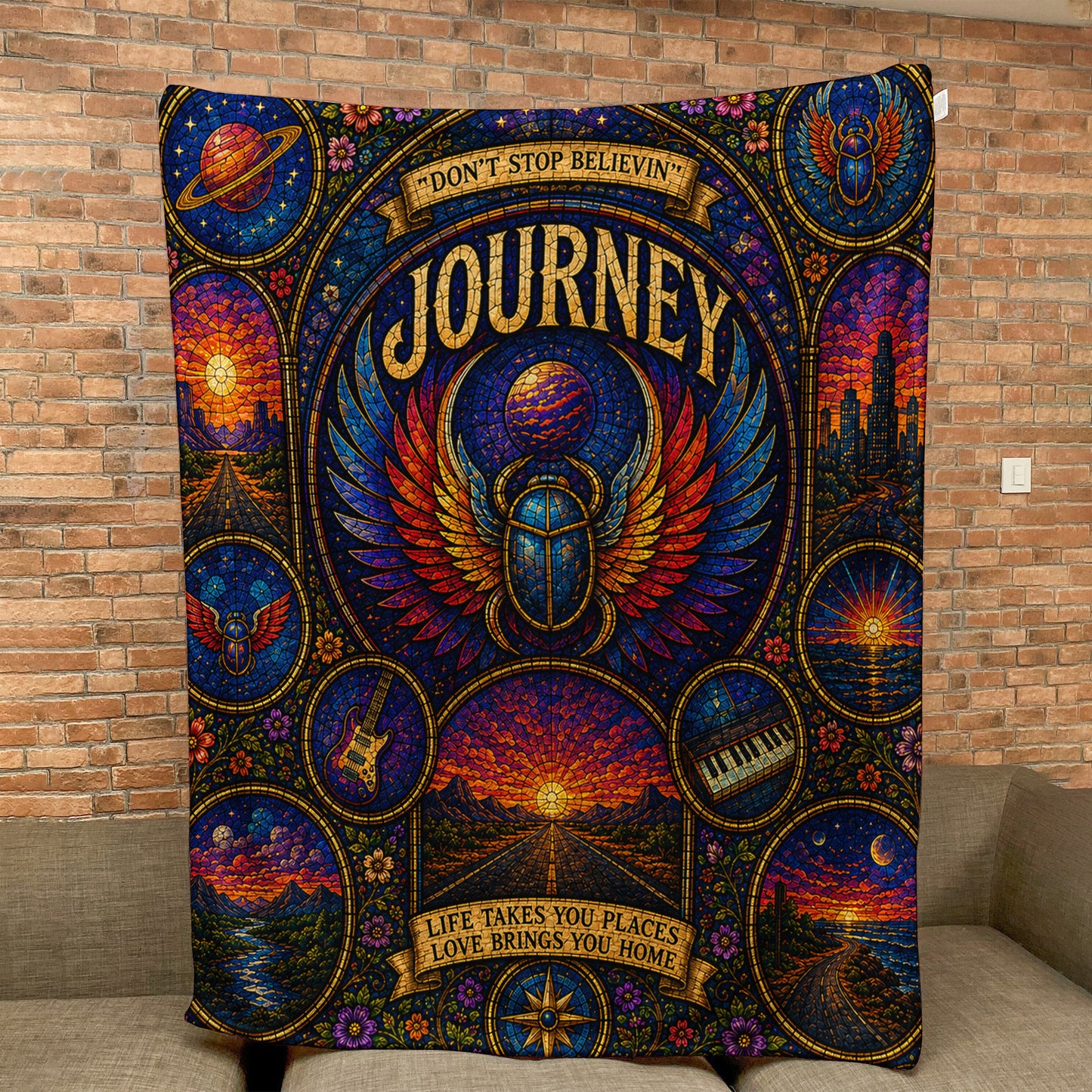 Journey Band Sherpa Blanket – Don't Stop Believin' Stained Glass Blanket