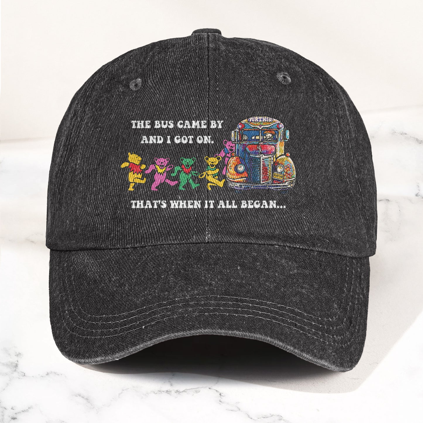 Grateful Dead Further Bus And Dancing Bears Denim Cap – Vintage Music Grateful Dead Merch Gift for Dad (With Box)