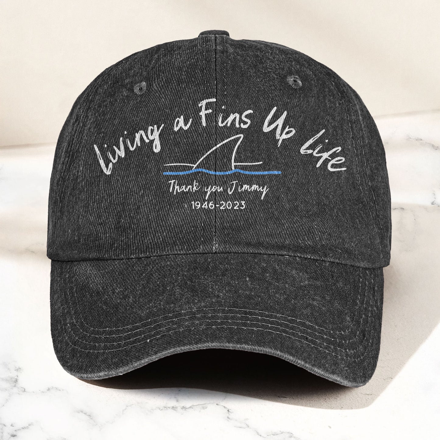 Living A Fins Up Life Denim Cap – Retro Jimmy Buffett Inspired Dad Hat (With Box)