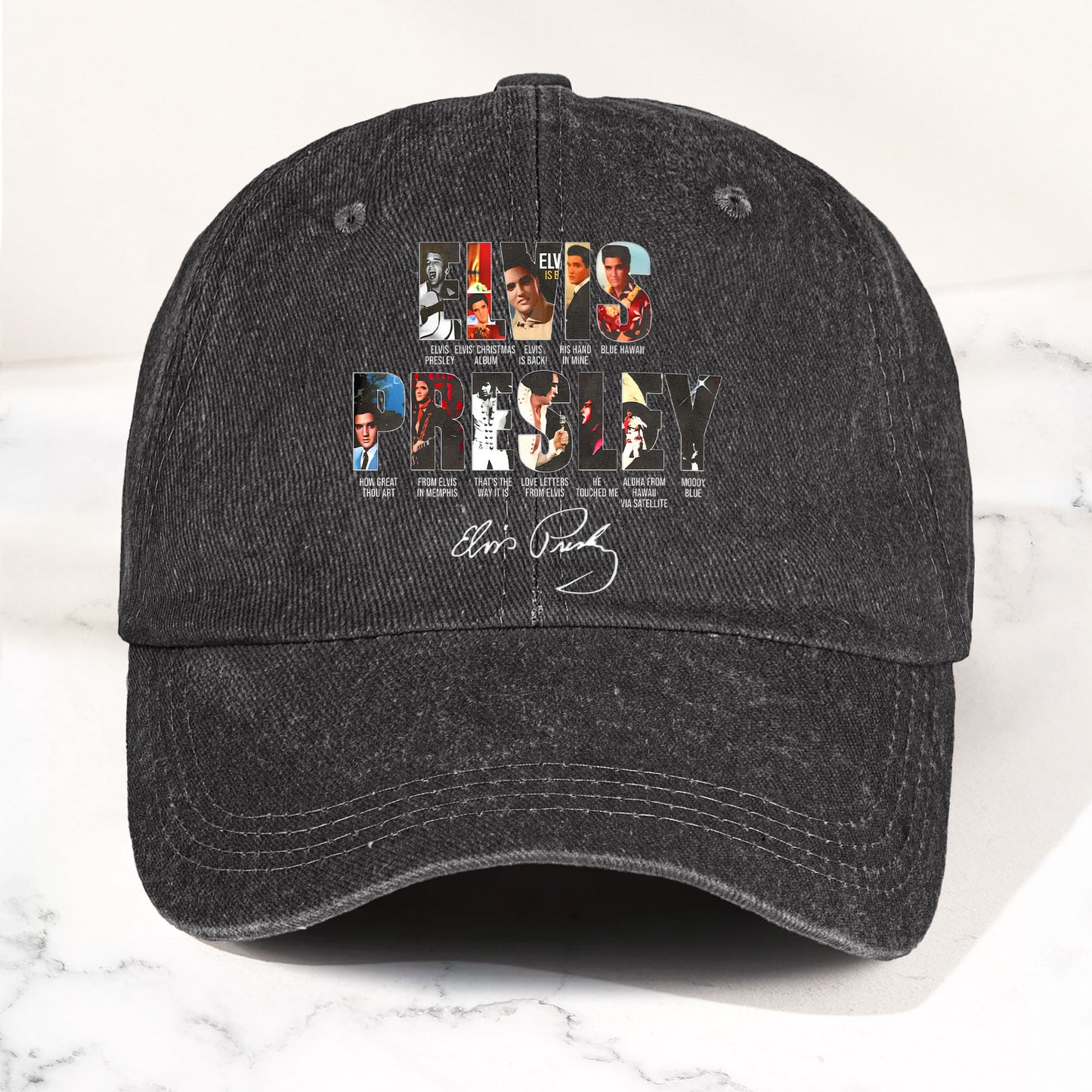 Elvis Presley Denim Dad Cap – Iconic Album Collage Design ( With BOX)