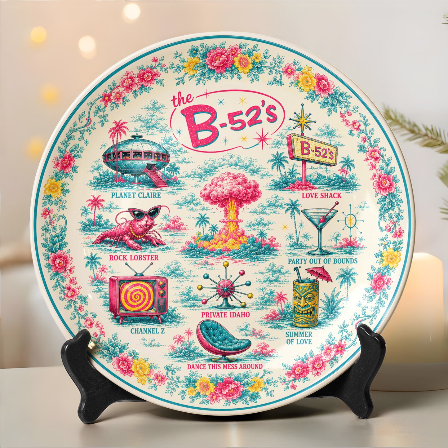 The B-52's Decorative Ceramic Plate with Stand – Retro New Wave Rock Art Gift