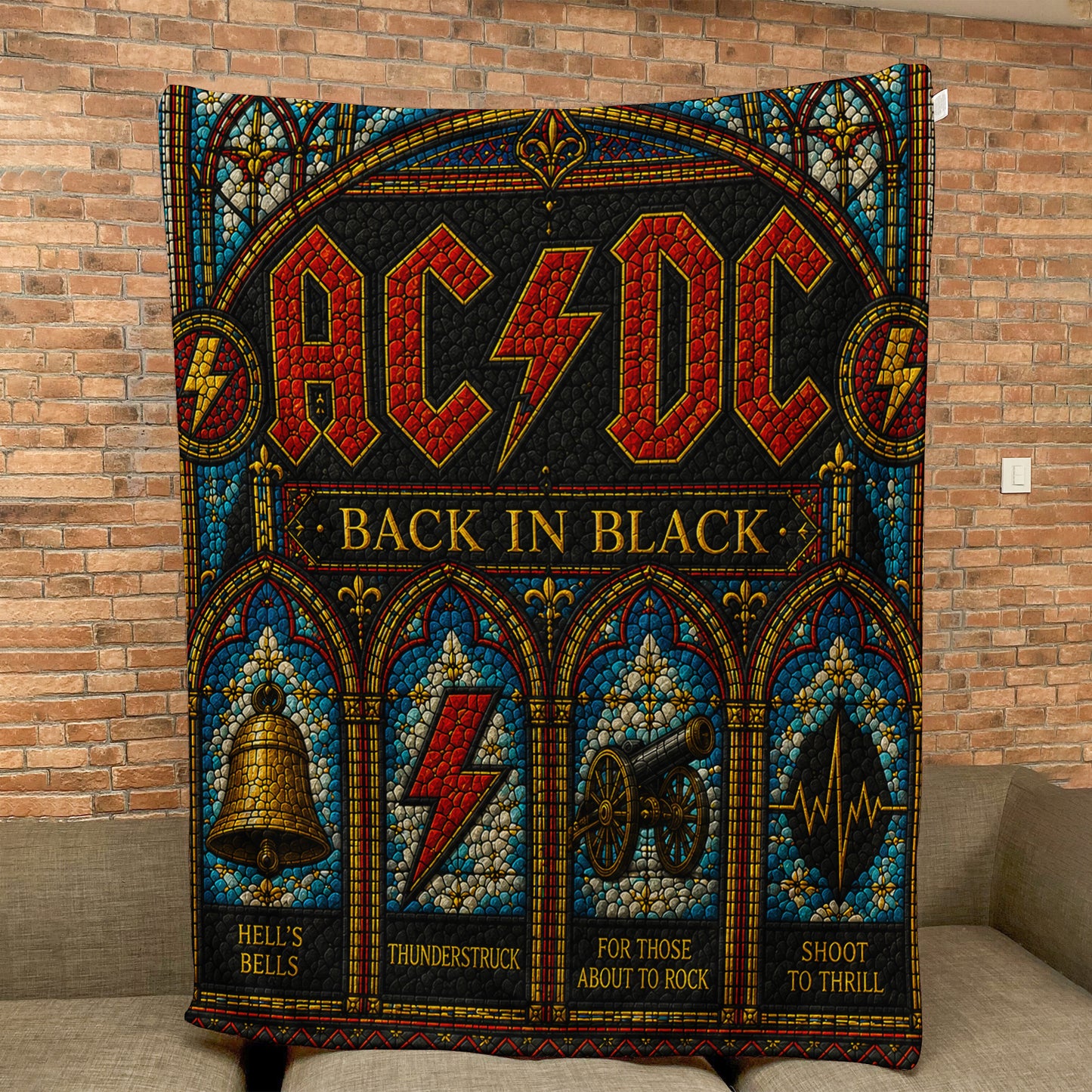 AC/DC Back In Black Sherpa Blanket – Stained Glass Rock Icon Throw Blanket
