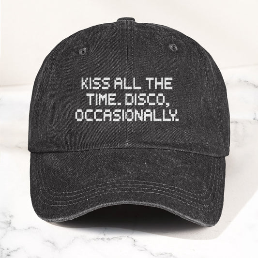 Harry Styles Kiss All The Time Disco Typography Denim Cap – Retro Vintage Dad Cap Gift For Dad (With Box)