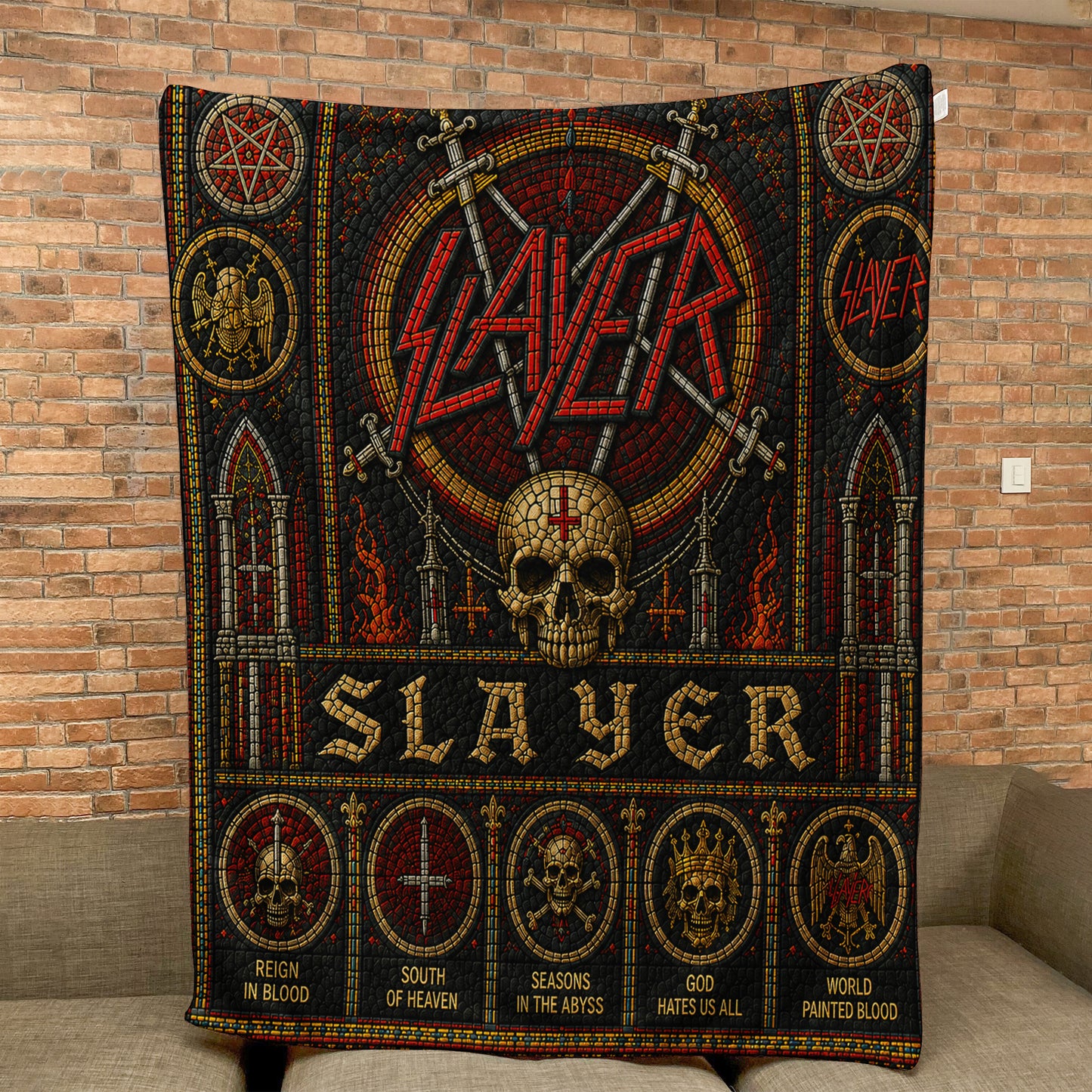 Slayer Sherpa Blanket – Eagle Swords Skull Stained Glass Thrash Metal Throw Blanket