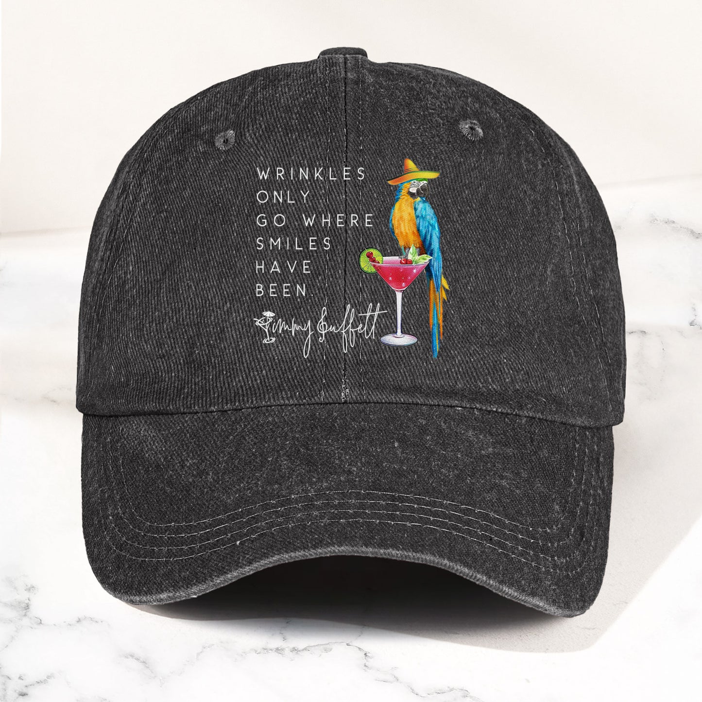 Jimmy Buffett Quote Denim Dad Cap – "Wrinkles Only Go Where Smiles Have Been"