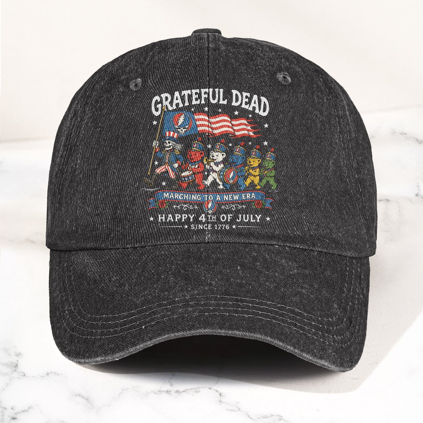 Grateful Dead Marching To A New Era Happy 4th Of July Patriotic Denim Cap – Retro Vintage Dad Cap Gift For Dad (With Box)