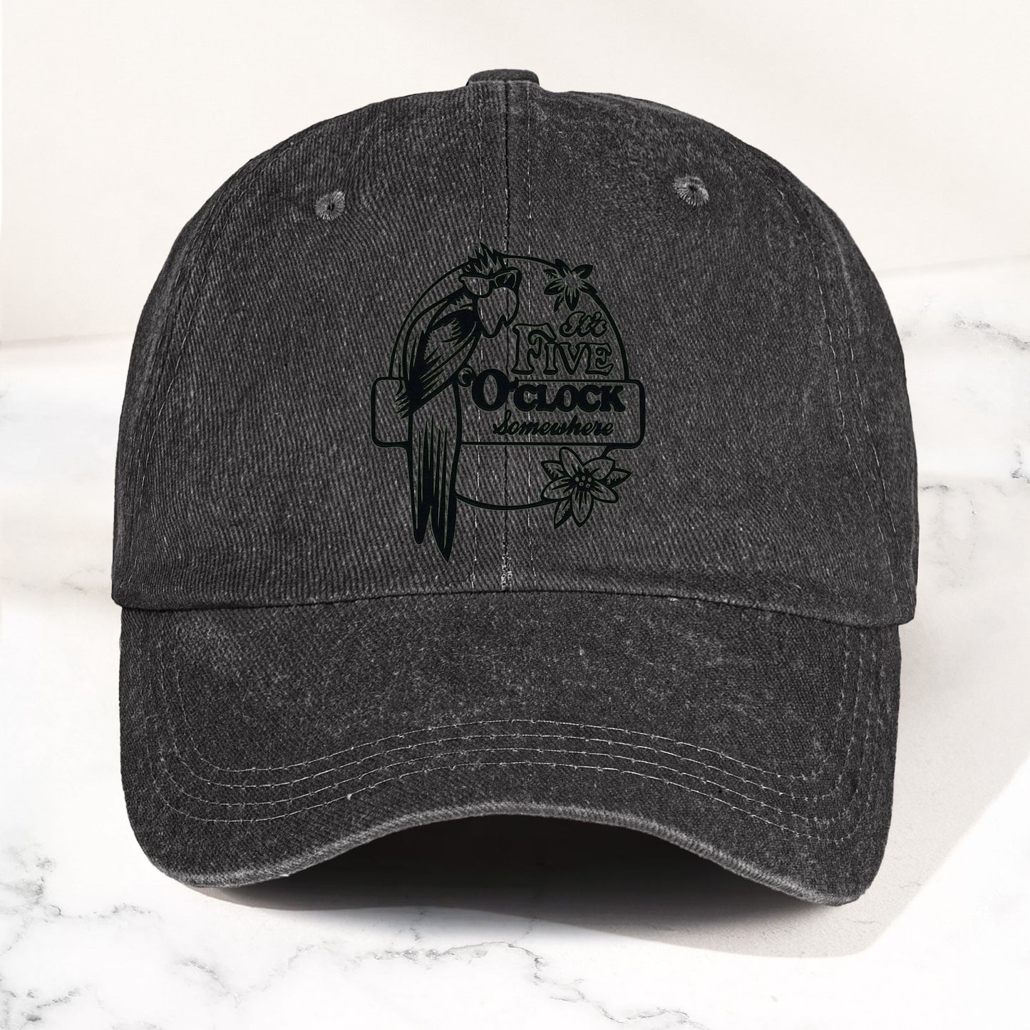 It’s Five O’Clock Somewhere Denim Dad Cap – Tropical Parrot Island Vibes Hat (With BOX)