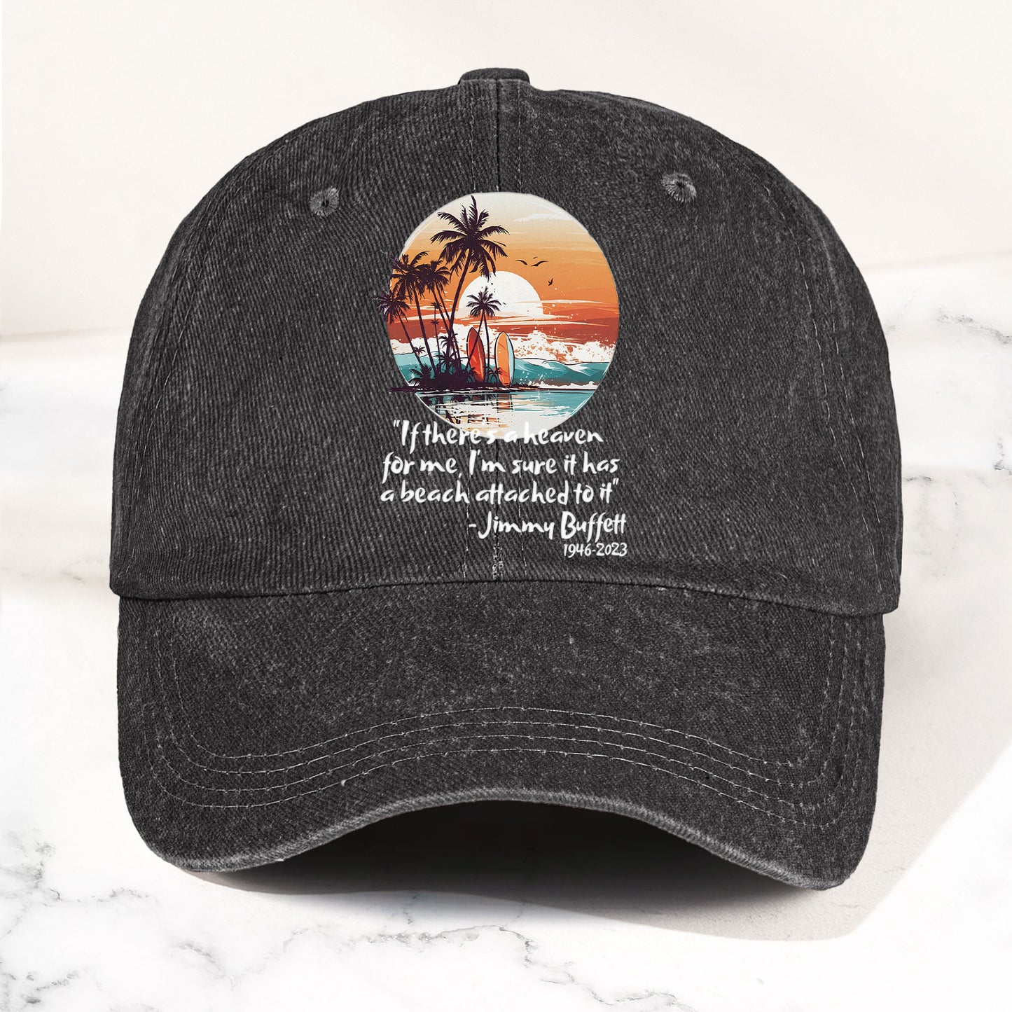 Jimmy Buffett Beach Quote Denim Dad Cap – Vintage Washed Tropical Hat