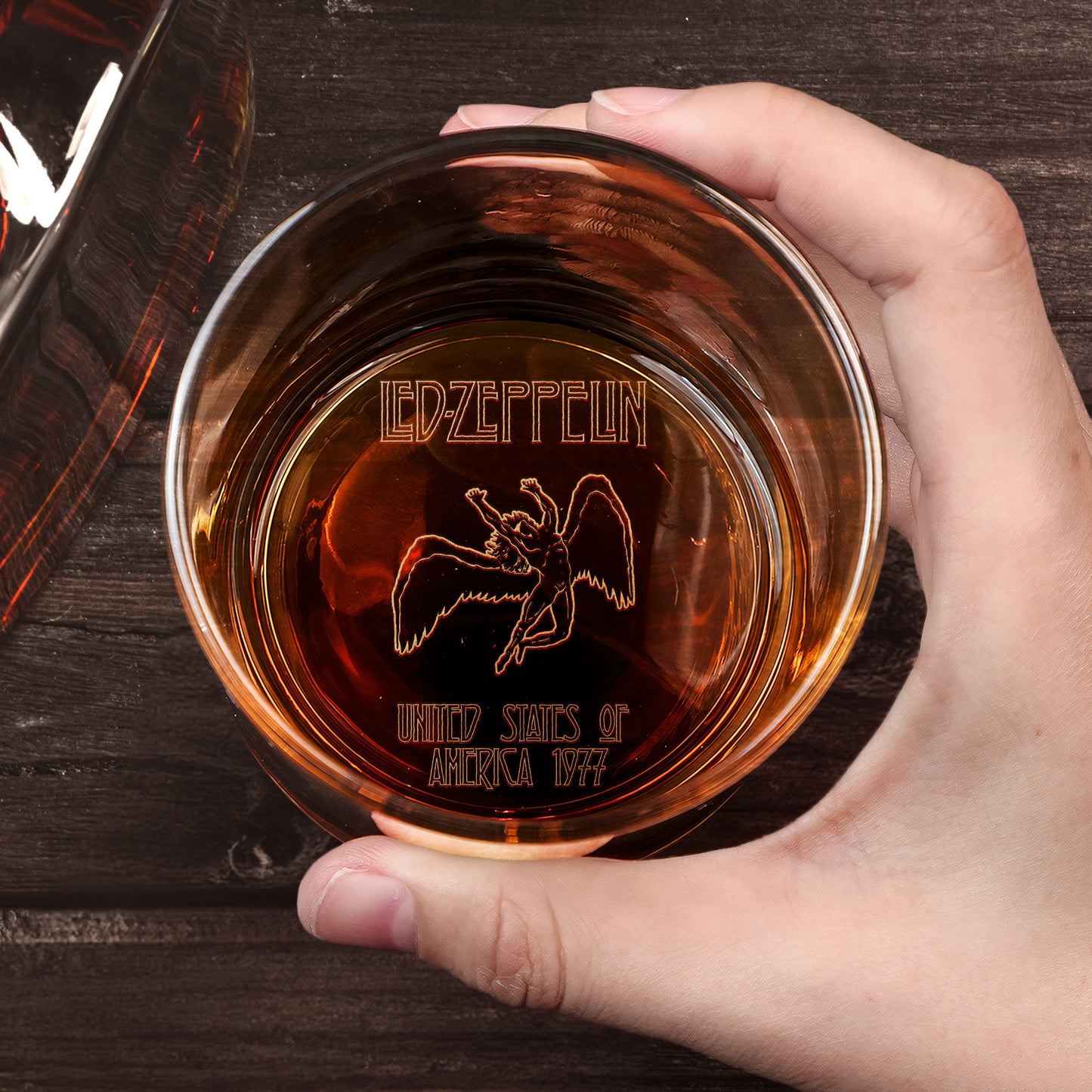 Led Zeppelin Engraved Whiskey Glass – Icarus 1977 USA Tour Design ( With Gift Box )