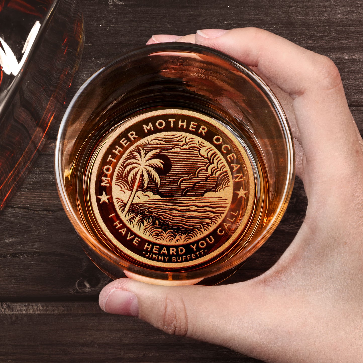 Jimmy Buffett Inspired Engraved Whiskey Glass – Mother Ocean Design ( With Gift Box)