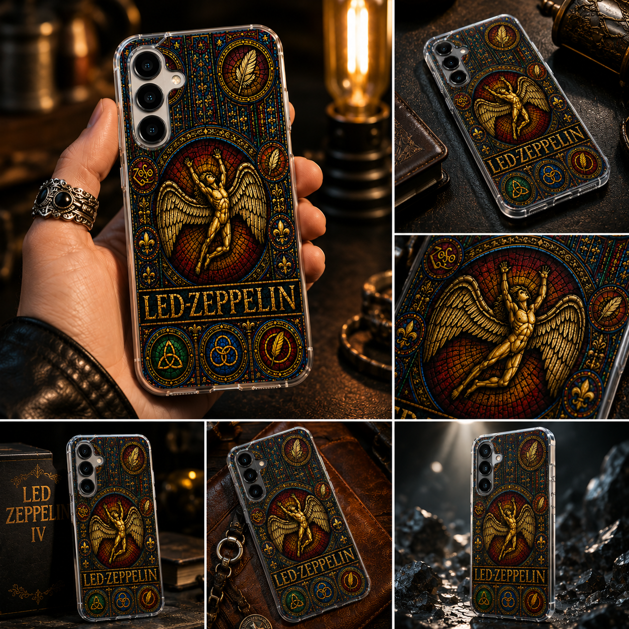Led Zeppelin Stained Glass Phone Case – Vintage Angel Symbol Phone Cover, Rock Band Art Protective Case for iPhone 16, 15, 14, 13 Pro Max