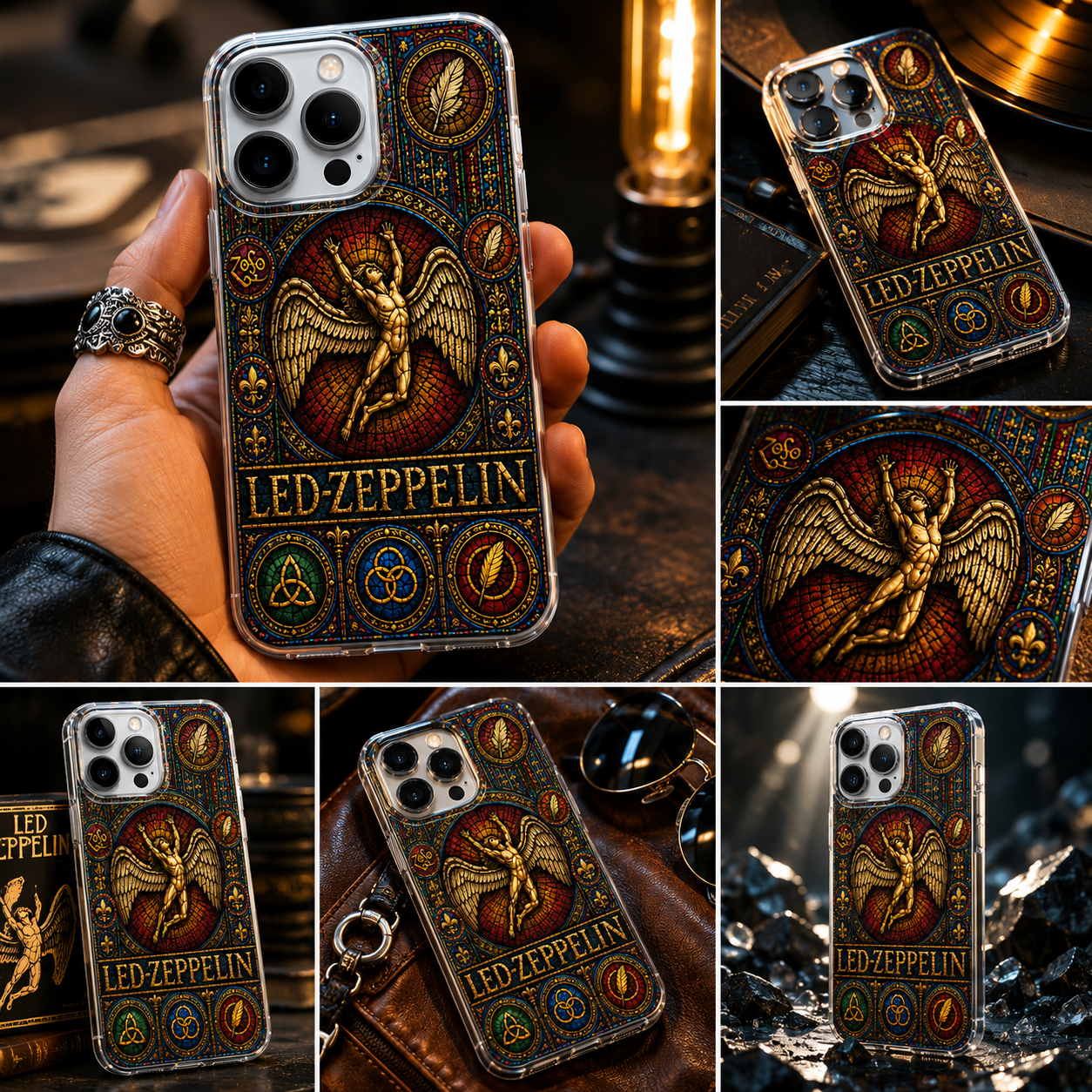 Led Zeppelin Stained Glass Phone Case – Vintage Angel Symbol Phone Cover, Rock Band Art Protective Case for iPhone 16, 15, 14, 13 Pro Max