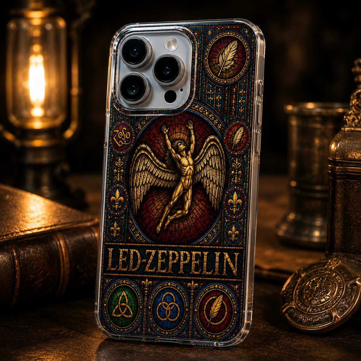 Led Zeppelin Stained Glass Phone Case – Vintage Angel Symbol Phone Cover, Rock Band Art Protective Case for iPhone 16, 15, 14, 13 Pro Max
